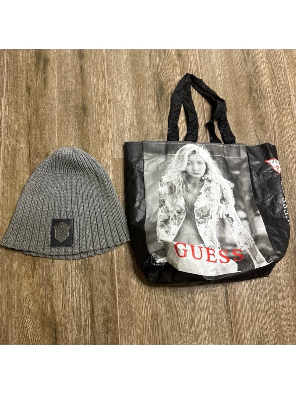 Guess Grey Ribbed Knit Beanie Winter Logo Cuffed Hat